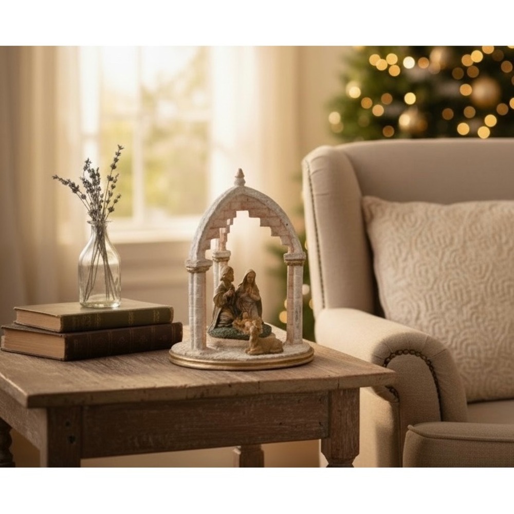 Rustic Nativity Scene Figurine Holy Family Under Archway Christmas Decor 8.5"
